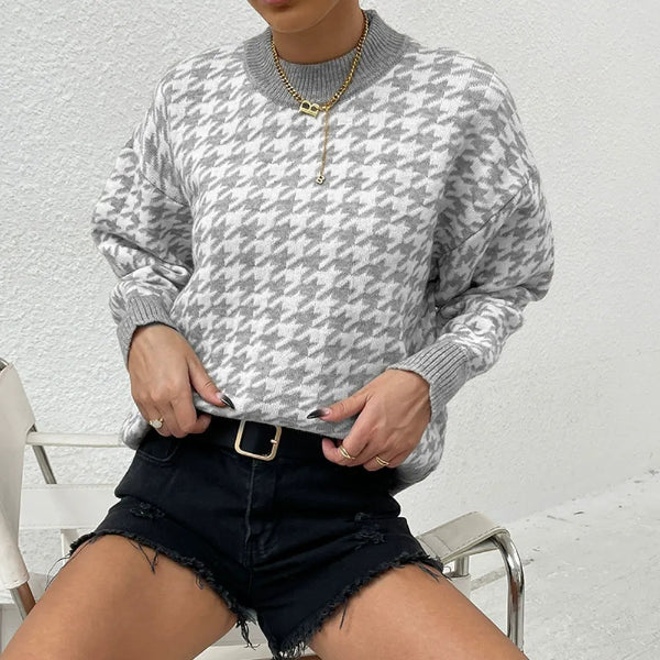 Women’s Pullover Sweater – Relaxed Fit – Houndstooth Knit – Ribbed Trim – Round Neck