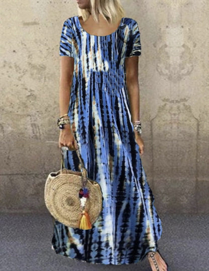 Women’s Maxi Dress – Tie-Dye Print – Loose Fit – Short Sleeve – Soft Cotton Feel
