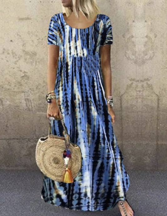 Women’s Maxi Dress – Tie-Dye Print – Loose Fit – Short Sleeve – Soft Cotton Feel