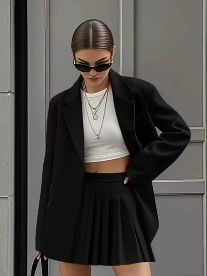 Women’s Skirt Suit Set – Relaxed Fit Blazer – High Waist Pleated Mini Skirt