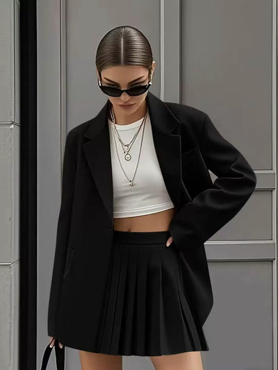 Women’s Skirt Suit Set – Relaxed Fit Blazer – High Waist Pleated Mini Skirt