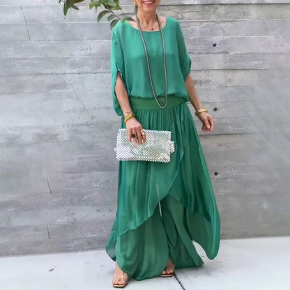 Women’s Two-Piece Set – Loose Fit Top – Split Wide-Leg Trousers – Chiffon Draped Style