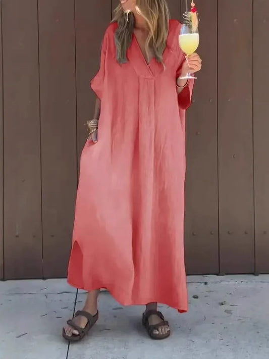 Women’s Maxi Dress – Cotton Feel – Loose Fit – V-Neck – Short Sleeve – Minimal Style