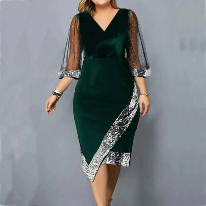 Women’s Midi Cocktail Dress – Fitted Velvet – Mesh Sleeves – Sequin Asymmetric Hem