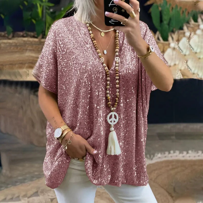 Women’s V-Neck T-Shirt – Relaxed Fit – Sequin Embellished – Short Sleeve