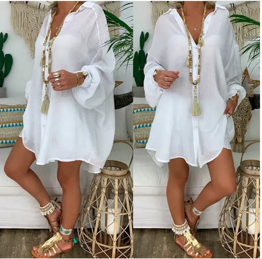 Women’s Blouse – Oversized Fit – Button Up – Long Sleeve – Cotton Linen – Tunic Style