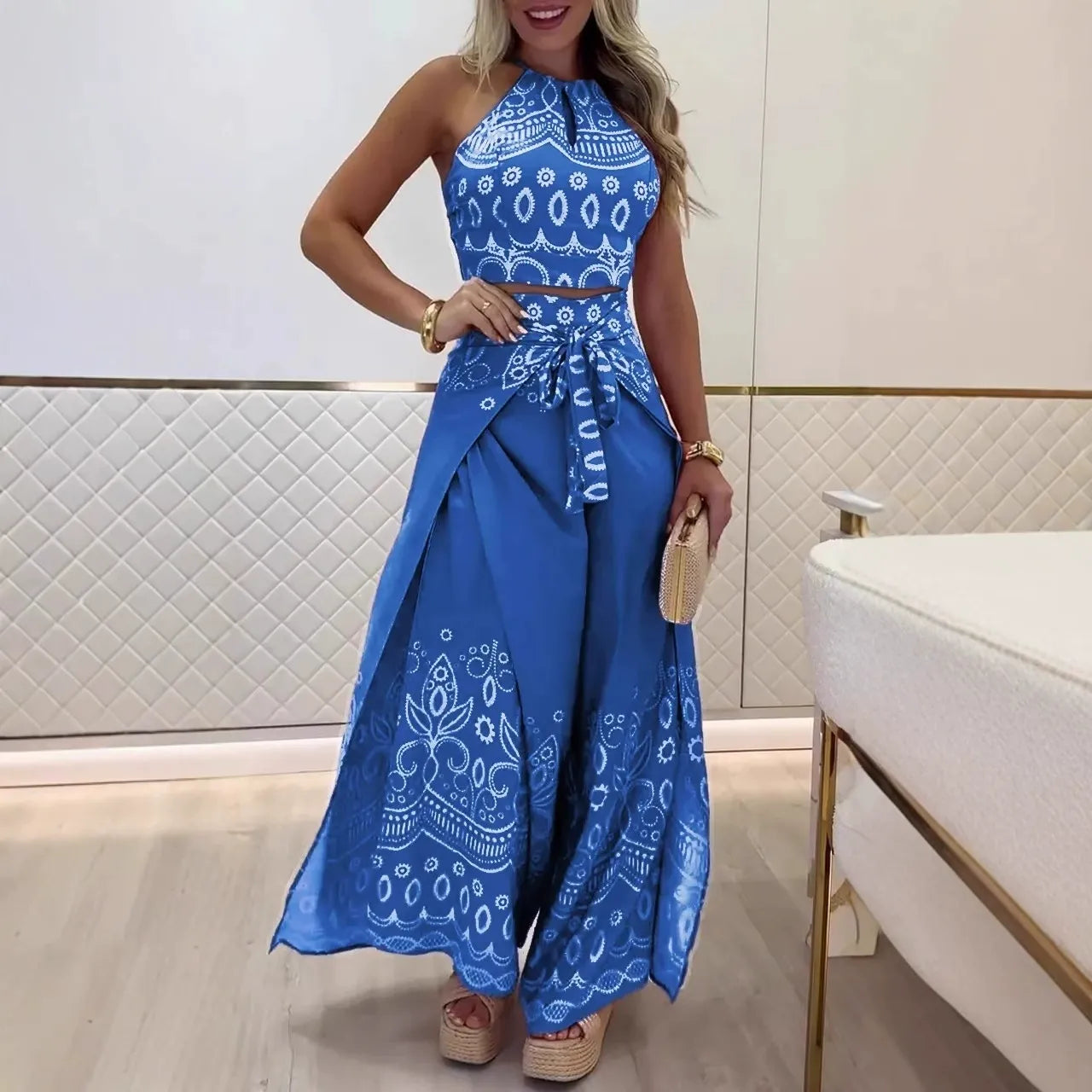 Women’s Halter Top and Wide-Leg Pants Set – Cotton – Cropped Fit – Retro Print – Tie Waist