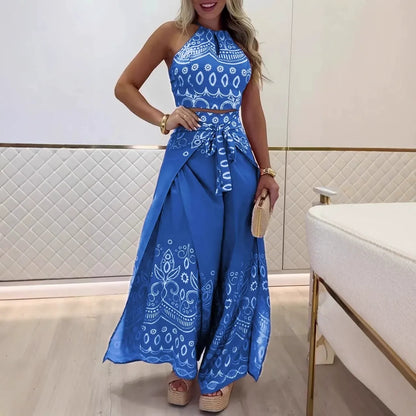 Women’s Halter Top and Wide-Leg Pants Set – Cotton – Cropped Fit – Retro Print – Tie Waist