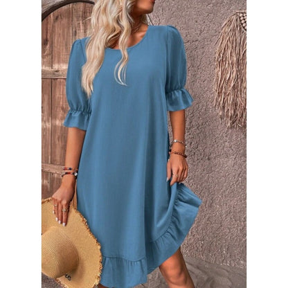 Women’s A-Line Dress – Relaxed Fit – Cotton Linen – Ruffle Trim – Midi Length