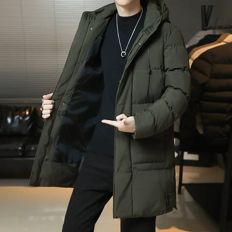 Men’s Mid-Length Coat – Quilted Cotton – Hooded – Relaxed Fit – Insulated Warm Layer