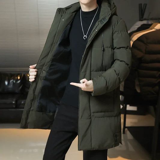 Men’s Mid-Length Coat – Quilted Cotton – Hooded – Relaxed Fit – Insulated Warm Layer