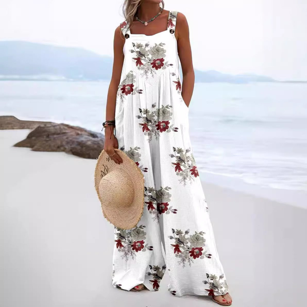 Women’s Jumpsuit – Relaxed Fit – Wide Leg – Sleeveless – Cotton – Floral Print