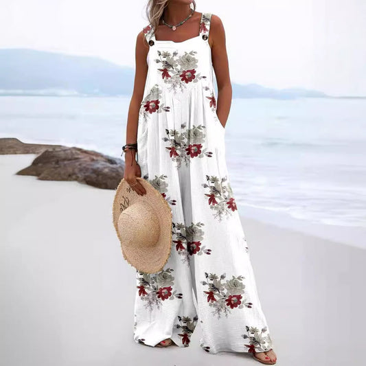 Women’s Jumpsuit – Relaxed Fit – Wide Leg – Sleeveless – Cotton – Floral Print