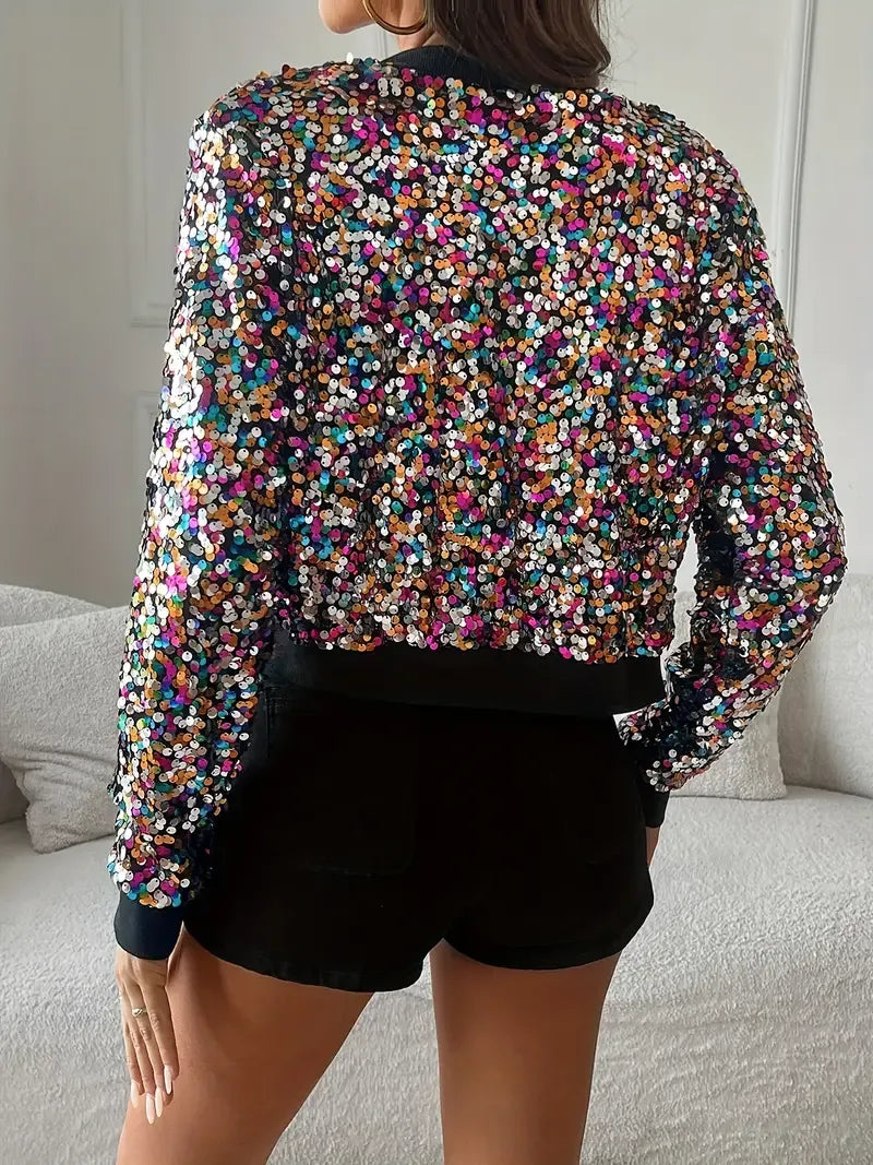 Women’s Bomber Jacket – Cropped Fit – All-Over Sequins – Ribbed Trim – Zip Front