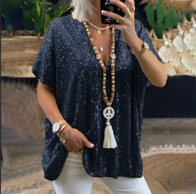 Women’s V-Neck T-Shirt – Relaxed Fit – Sequin Embellished – Short Sleeve
