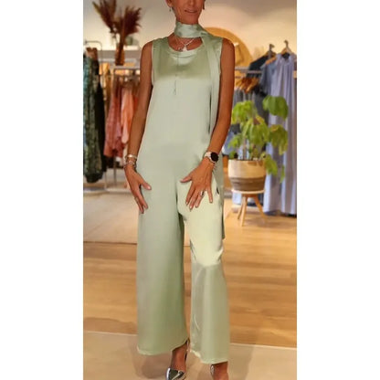 Women’s Jumpsuit – Satin – Relaxed Fit – Sleeveless – Draped Neck – Full Length