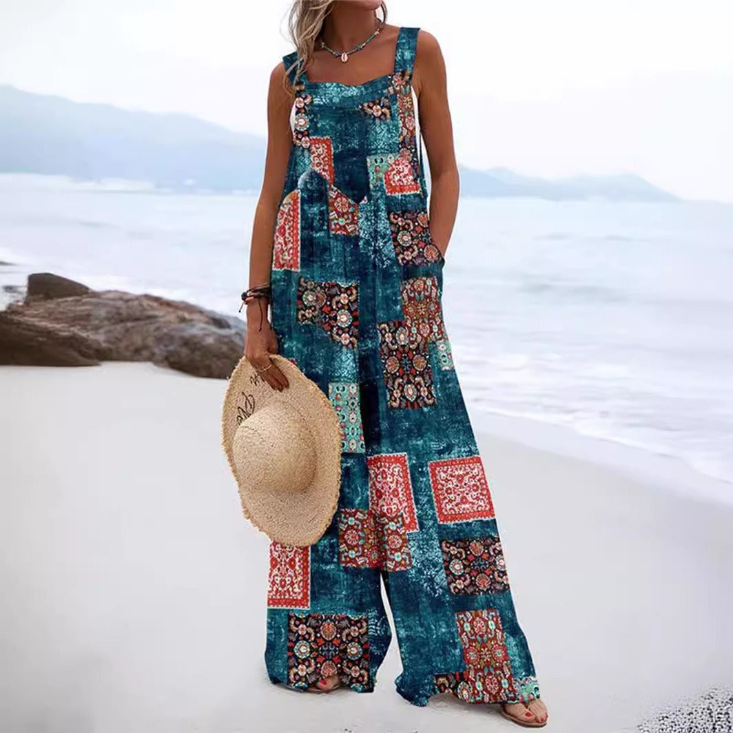 Women’s Jumpsuit – Relaxed Fit – Wide Leg – Sleeveless – Cotton – Floral Print
