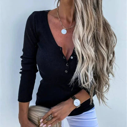 Women’s Long Sleeve Top – Slim Fit – Ribbed Knit – V-Neck with Button Detail