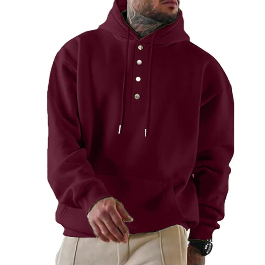 Men’s Hooded Sweatshirt – Loose Fit – Fleece Feel – Snap Button Front – Casual Style