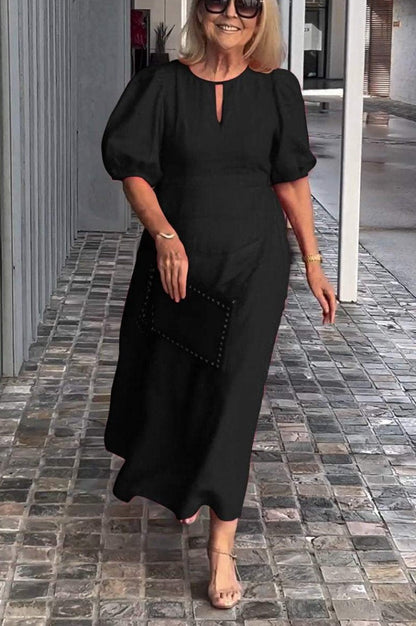 Women’s Midi Dress – Loose Fit A-Line – Cotton – Puff Sleeve – Round Neck Keyhole