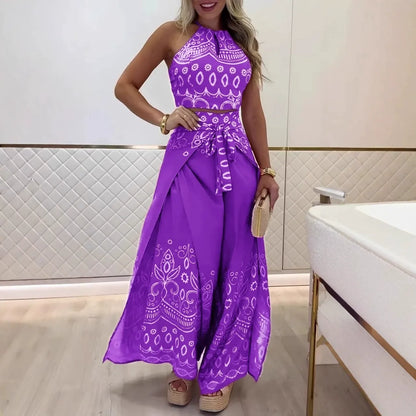 Women’s Halter Top and Wide-Leg Pants Set – Cotton – Cropped Fit – Retro Print – Tie Waist