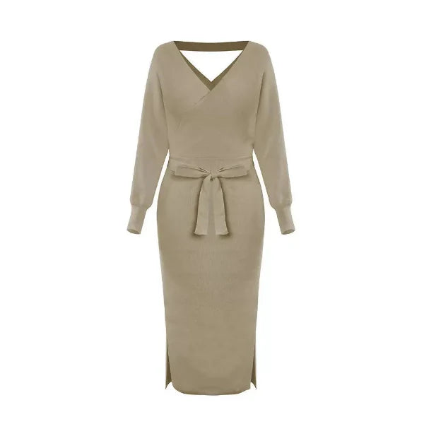Women’s Sweater Dress – Slim Fit Knit – V-Neck – Self-Tie Waist – Midi Length – Long Sleeve