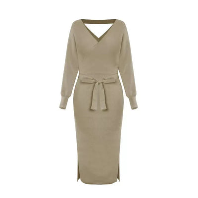 Women’s Sweater Dress – Slim Fit Knit – V-Neck – Self-Tie Waist – Midi Length – Long Sleeve
