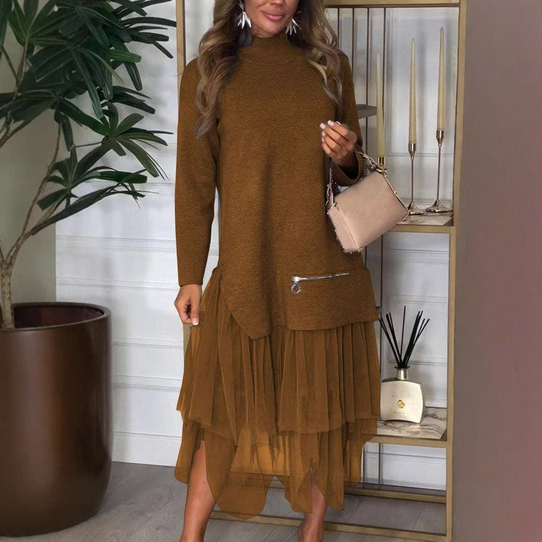 Women’s Casual Dress – Knit Top – Mesh Skirt – A-Line Fit – Long Sleeve – Midi Length