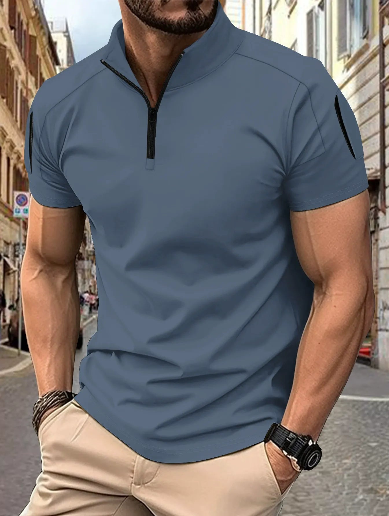 Men’s Polo Shirt – Slim Fit – Cotton Blend – Zip Collar – Tactical Sleeve Pocket