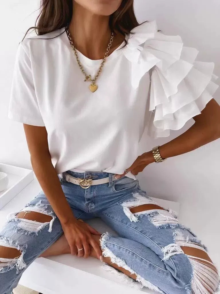 Women’s T-Shirt – Cotton Feel – Asymmetrical Ruffle Shoulder – Casual Fit – Short Sleeve