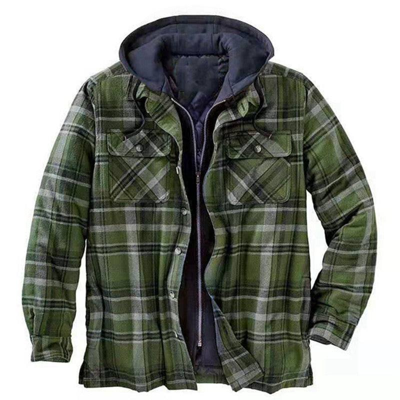 Men’s Shirt Jacket – Relaxed Fit – Quilted Lining – Flannel Plaid – Hooded Zip Front