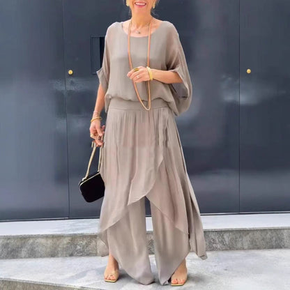 Women’s Two-Piece Set – Loose Fit Top – Split Wide-Leg Trousers – Chiffon Draped Style