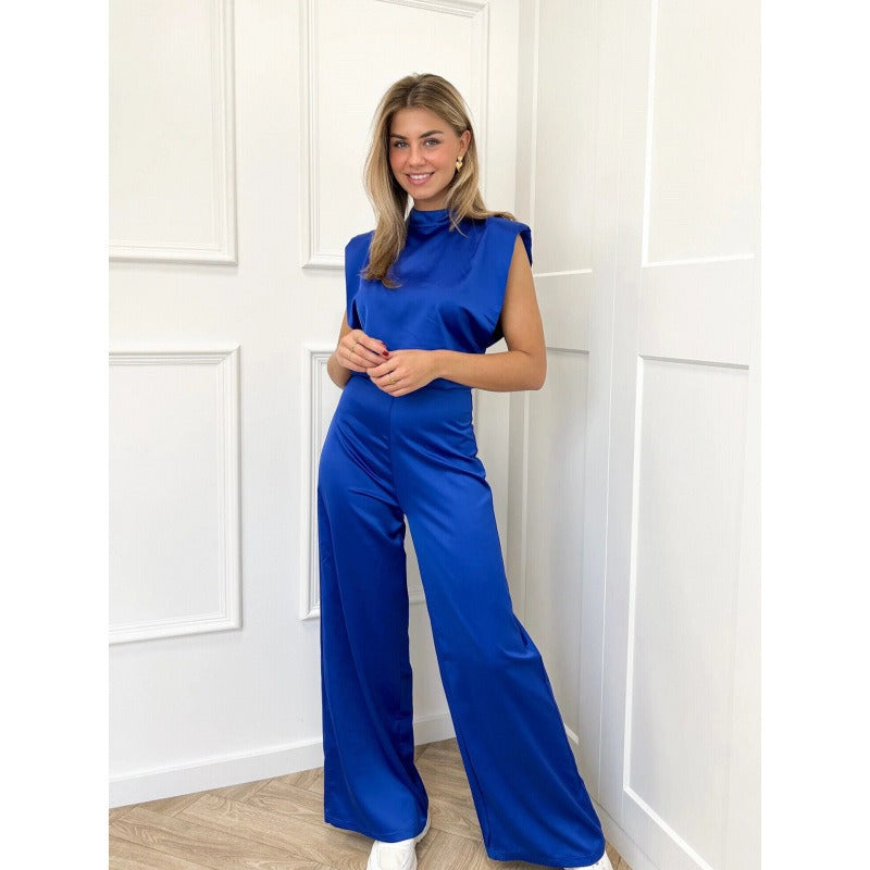 Women’s Jumpsuit – Satin Look – High Neck – Sleeveless – Open Back – Wide Leg