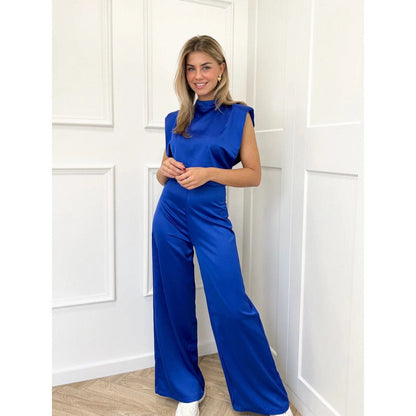 Women’s Jumpsuit – Satin Look – High Neck – Sleeveless – Open Back – Wide Leg