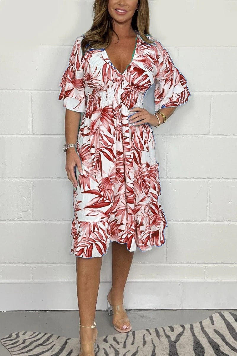Women’s Midi Dress – Loose Fit – High Waist – Cotton – V-Neck – Ruffle Sleeve – Botanical Print