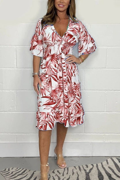 Women’s Midi Dress – Loose Fit – High Waist – Cotton – V-Neck – Ruffle Sleeve – Botanical Print
