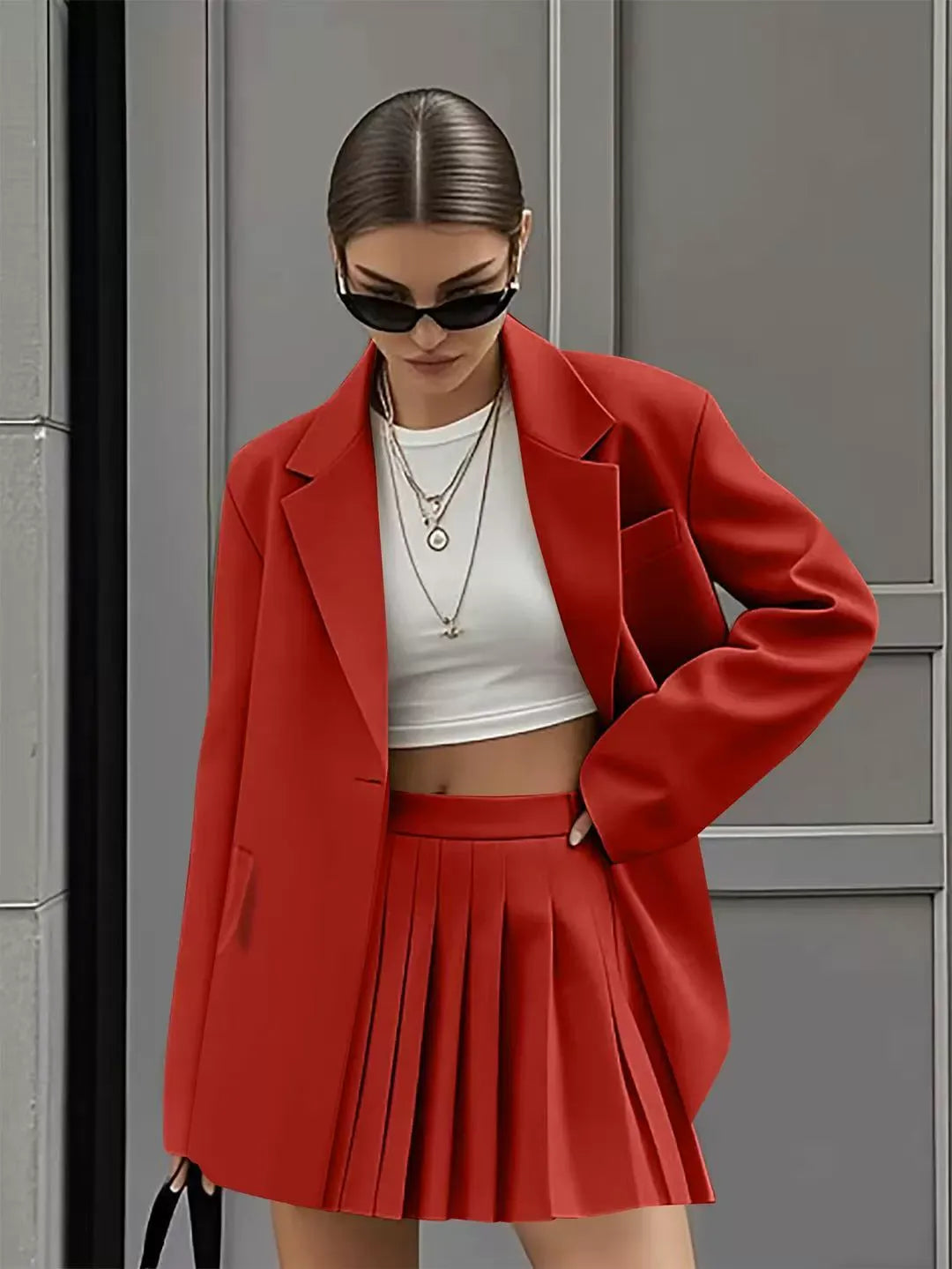 Women’s Skirt Suit Set – Relaxed Fit Blazer – High Waist Pleated Mini Skirt