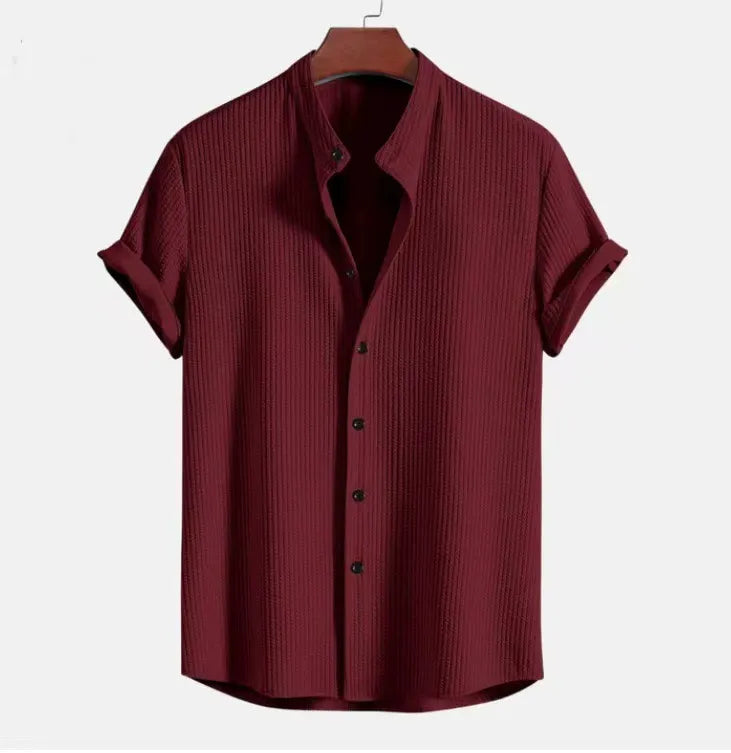 Men’s Short Sleeve Shirt – Cotton Jacquard – Regular Fit – Band Collar Casual Wear