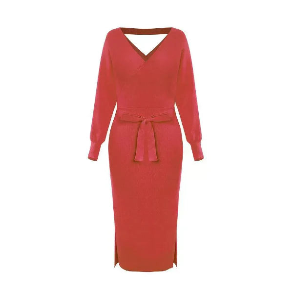 Women’s Sweater Dress – Slim Fit Knit – V-Neck – Self-Tie Waist – Midi Length – Long Sleeve