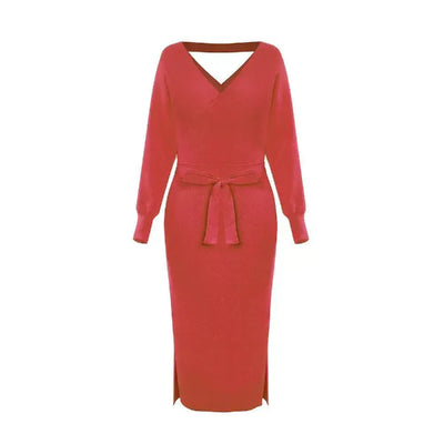 Women’s Sweater Dress – Slim Fit Knit – V-Neck – Self-Tie Waist – Midi Length – Long Sleeve