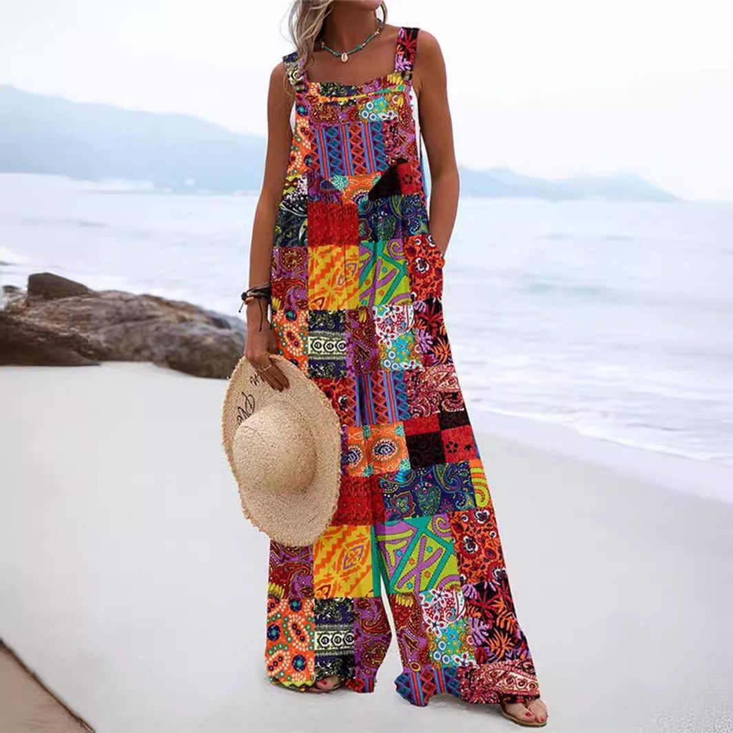 Women’s Jumpsuit – Relaxed Fit – Wide Leg – Sleeveless – Cotton – Floral Print