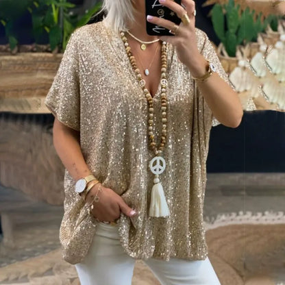 Women’s V-Neck T-Shirt – Relaxed Fit – Sequin Embellished – Short Sleeve