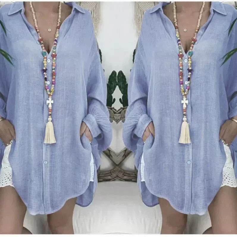 Women’s Blouse – Oversized Fit – Button Up – Long Sleeve – Cotton Linen – Tunic Style
