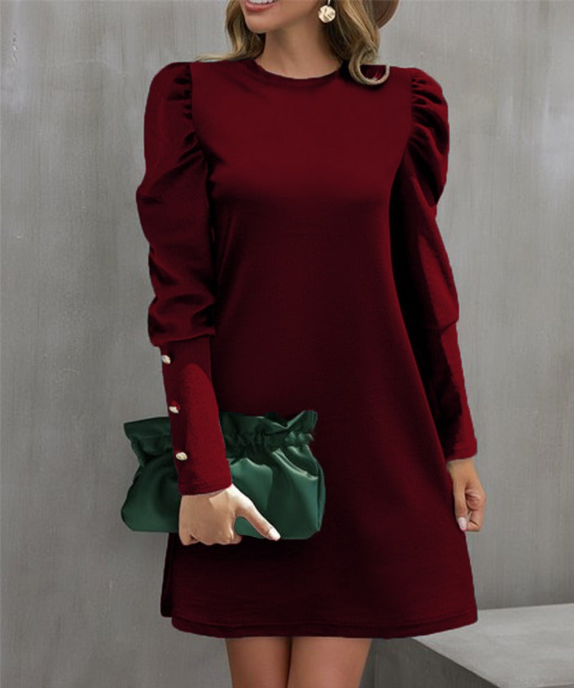 Women’s Long Sleeve Dress – A-Line Fit – Puff Sleeve – Button Cuff – Round Neckline