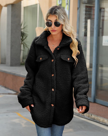 Women’s Shacket – Oversized Fit – Sherpa Fleece – Longline Button Front – Patch Pockets