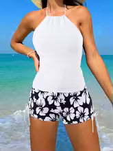 Women’s Tankini Set – Halter Neck Backless Top – Floral Tie Shorts – Breathable Blend
