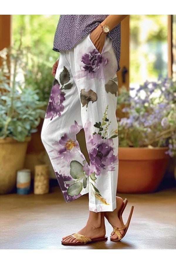 Women’s Casual Pants – Relaxed Fit – Breathable Blend – Full Length – Floral Print – Pockets
