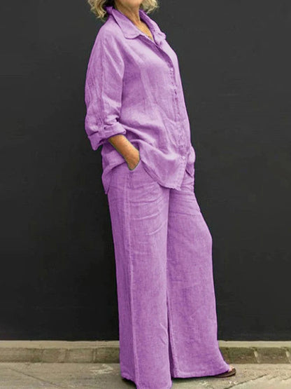 Women’s Linen Set – Relaxed Fit Button-Up Top – Wide-Leg Trousers – Casual Style