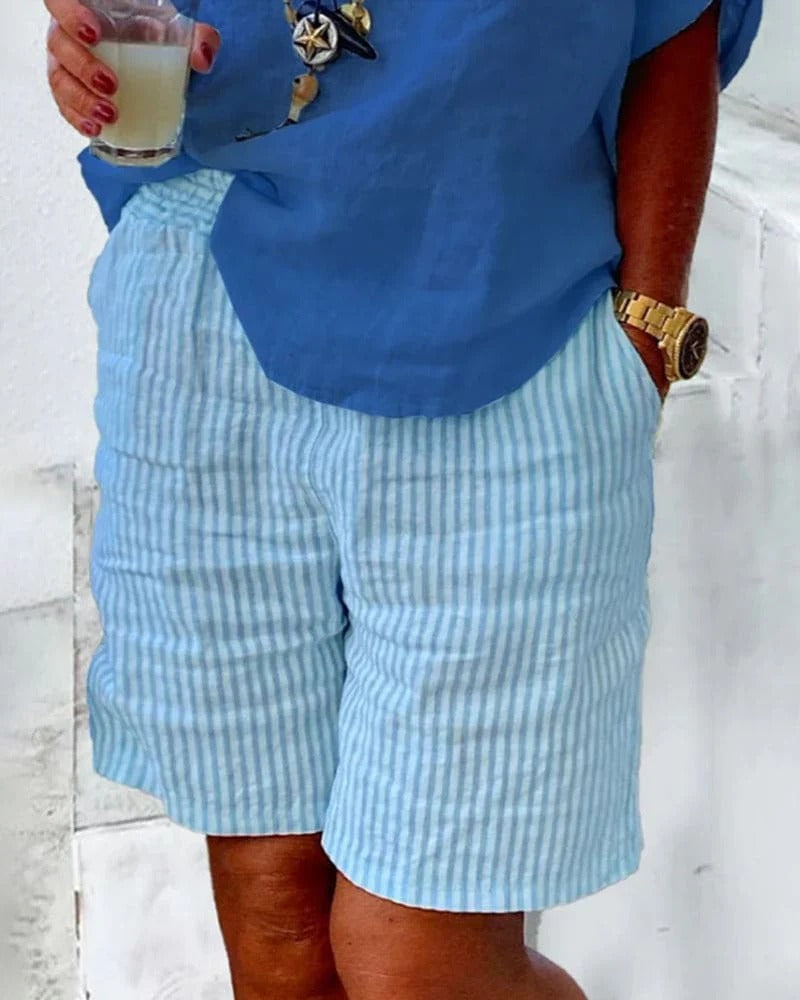Women’s Shorts – Relaxed Fit – Breathable Blend – Striped – Mid-Thigh with Pockets