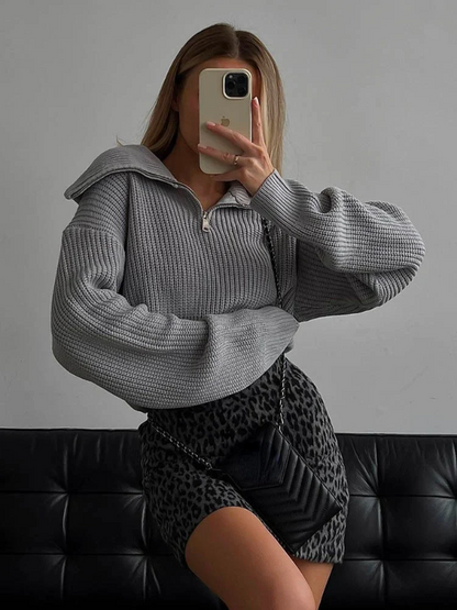 Women’s Pullover Sweater – Wool – Relaxed Fit – High Zip Collar – Ribbed Trim